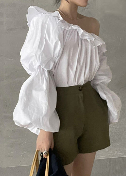 Cold Blouse Puff Sleeve French Shoulder Cotton White Top