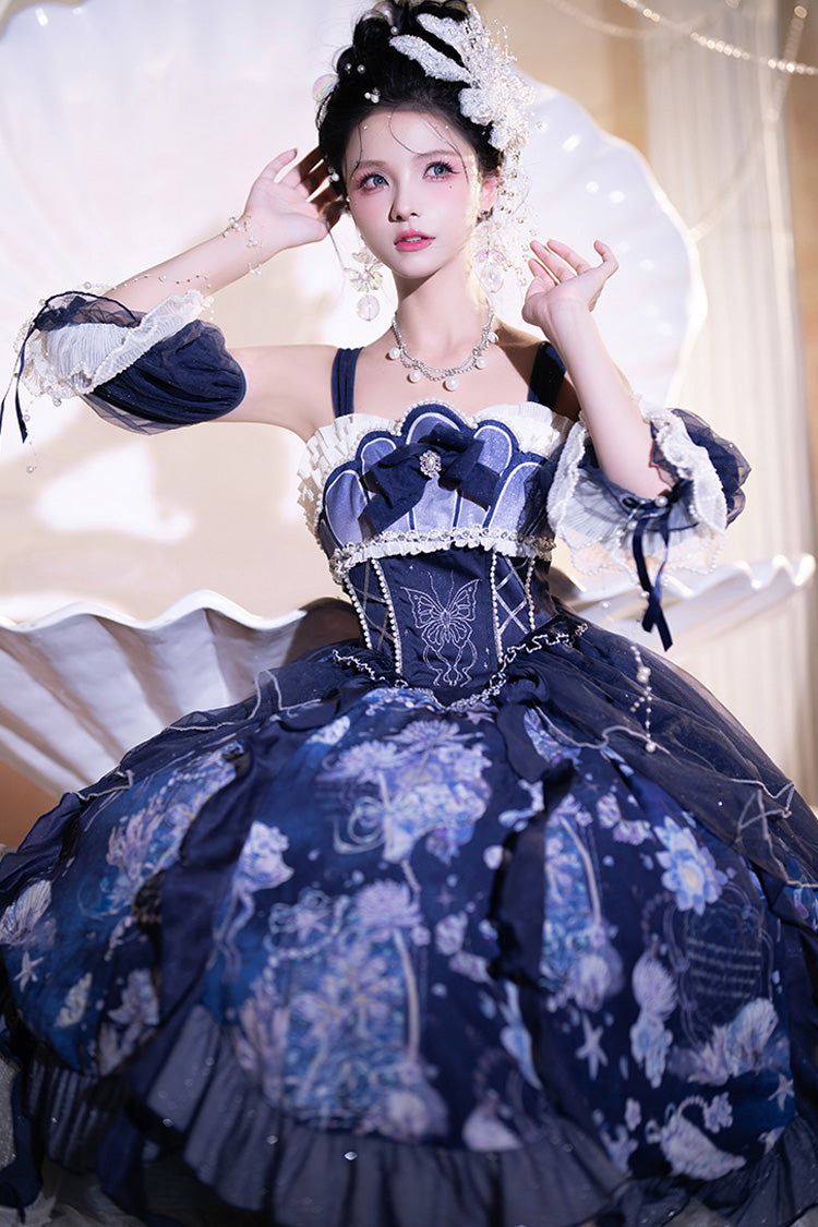 Azure Deep Sea Jellyfish Print Ruffle Lace Sweet Elegant Lolita Jumper Dress
