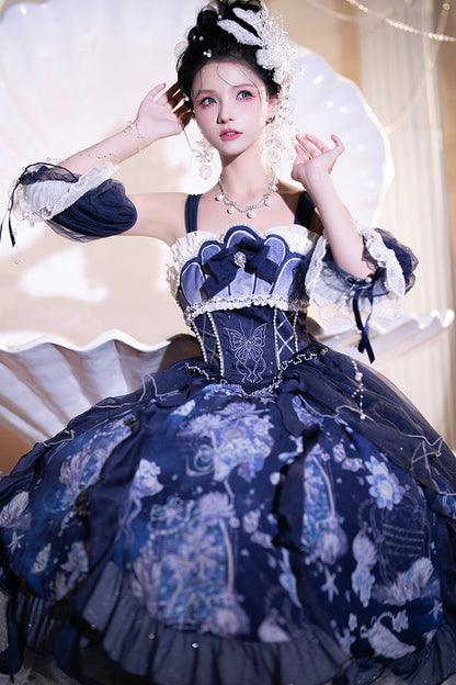 Azure Deep Sea Jellyfish Print Ruffle Lace Sweet Elegant Lolita Jumper Dress