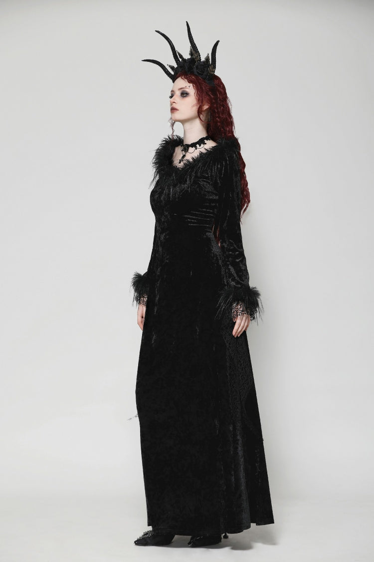 Ebony Long-Sleeve Velvet Lace Gothic Maxi Wedding Gown
