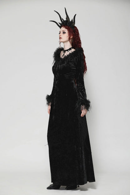 Ebony Long-Sleeve Velvet Lace Gothic Maxi Wedding Gown