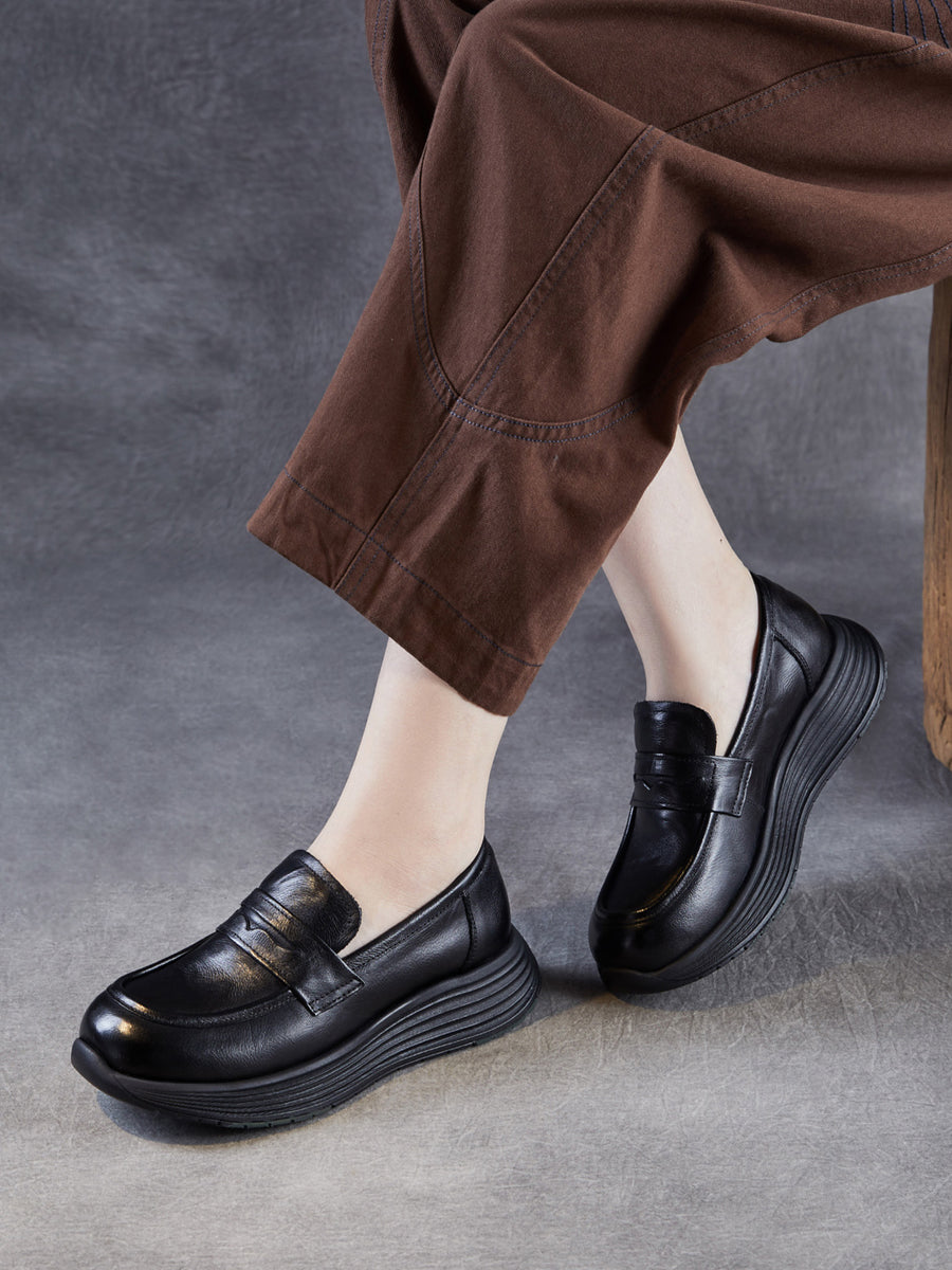 Platform Leather Shoes Women Genuine Vintage