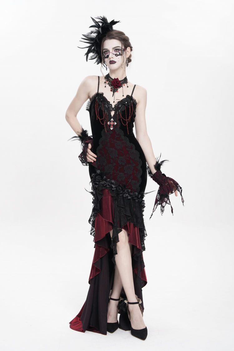 Crimson & Obsidian Sleeveless Cross Ruffled Floral Embroidered Chain-Decorated Gothic Long Slip Dress