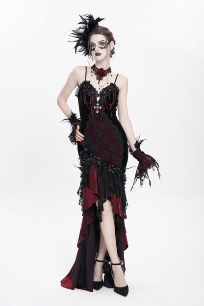 Crimson & Obsidian Sleeveless Cross Ruffled Floral Embroidered Chain-Decorated Gothic Long Slip Dress