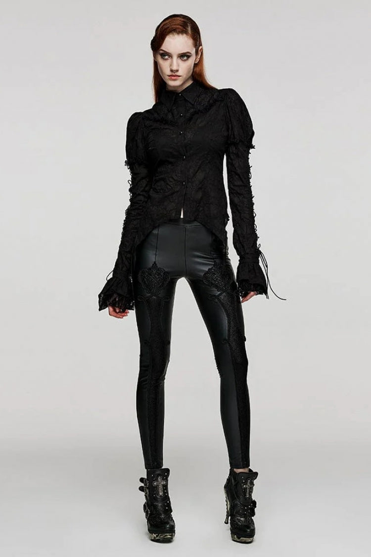 Gothic Lace Blouse with Lapel Collar and Stitched Print, Long Sleeves, Two Variants - DarkRomance