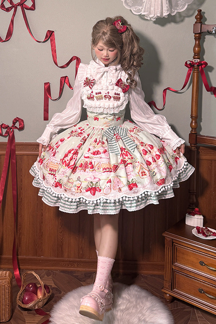 Natural Waisted Ruffle Bowknot Sweet Lolita JSK Dress with Strawberry Dessert Print - 4 Colors