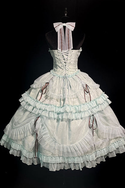Mint Halterneck Cross Bow Lace-Up Ruffled Lolita Gown
