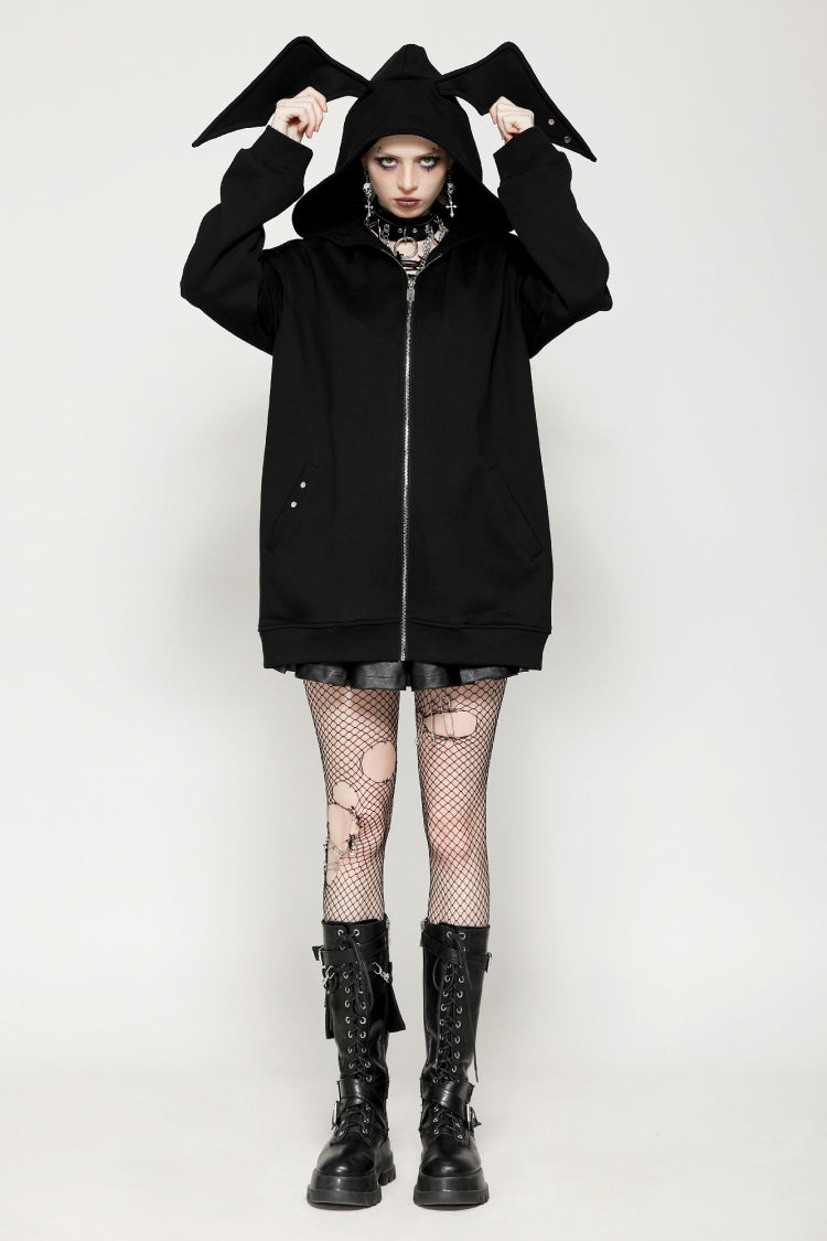 Ebony Long-Sleeve Zip-Up Gothic Batwing Hoodie