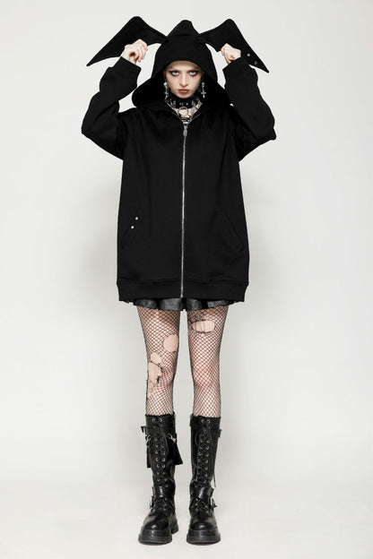 Ebony Long-Sleeve Zip-Up Gothic Batwing Hoodie