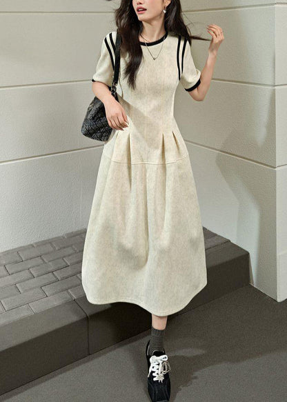 Brief O-Neck Wrinkled Maxi Grey Light Dresses Patchwork Summer