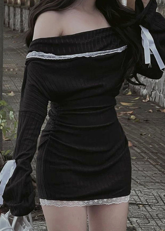 Lace Cotton Bow Dress Knitting Black Spring Neck Slim Fit Slash