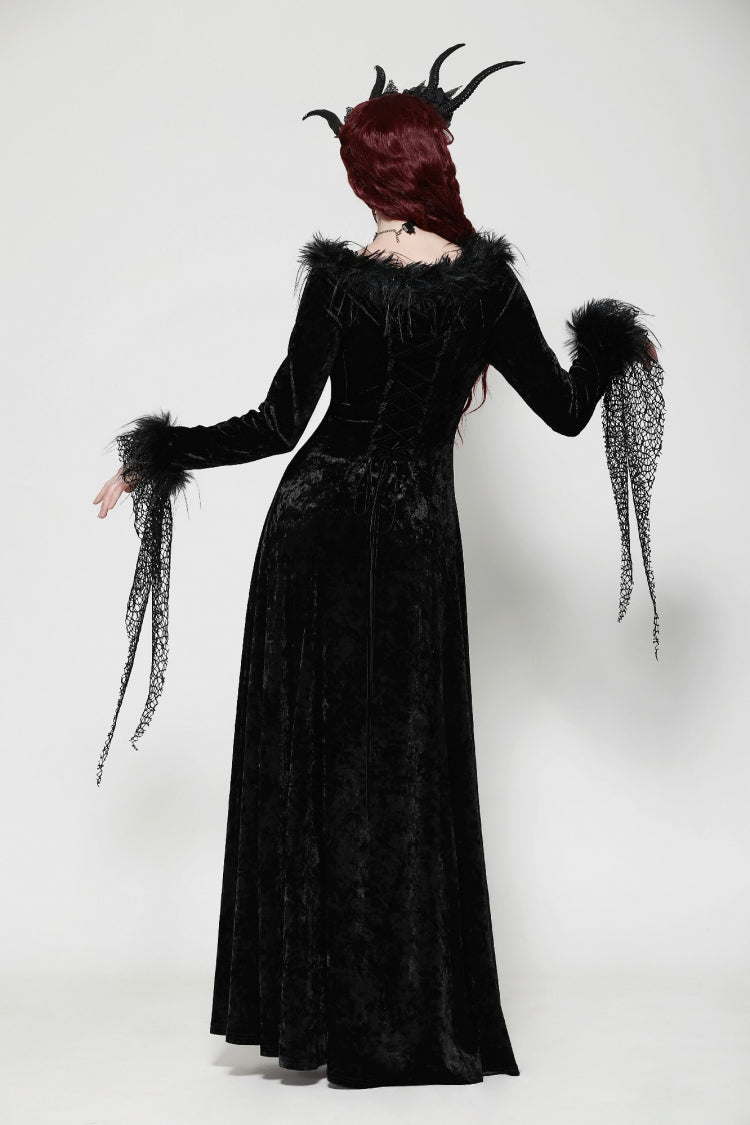 Ebony Long-Sleeve Velvet Lace Gothic Maxi Wedding Gown