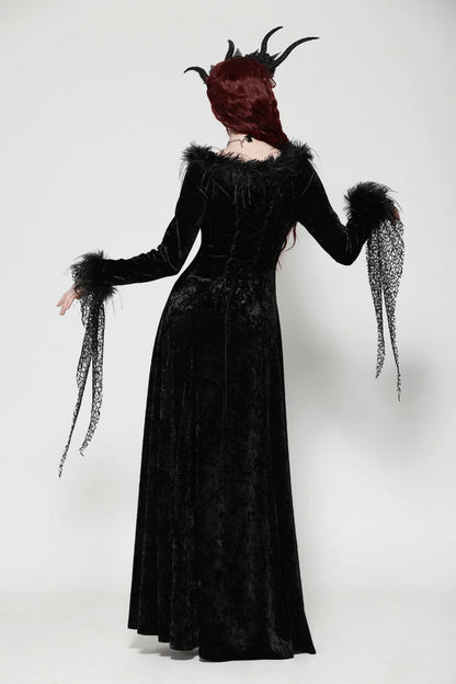 Ebony Long-Sleeve Velvet Lace Gothic Maxi Wedding Gown