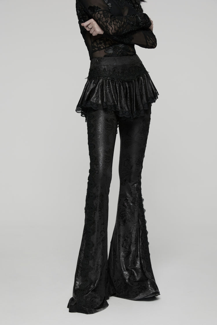 Slim Faux Two-Piece Flared Pants with Lace Accents