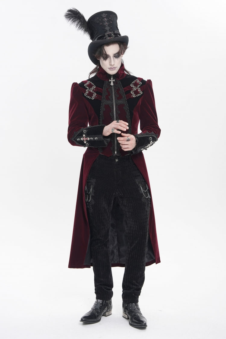 Crimson High-Neck Gothic Palace Jacket with Color Block and Embroidery