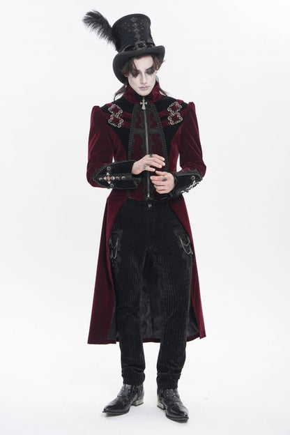Crimson High-Neck Gothic Palace Jacket with Color Block and Embroidery