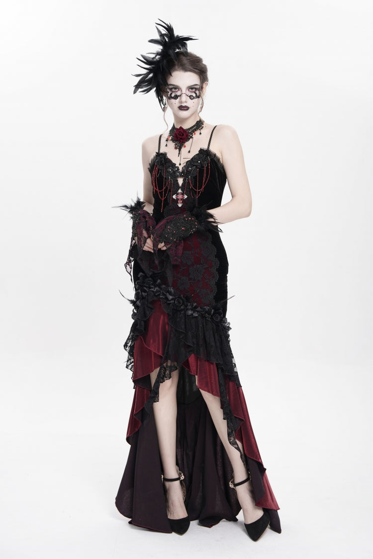 Crimson & Obsidian Sleeveless Cross Ruffled Floral Embroidered Chain-Decorated Gothic Long Slip Dress
