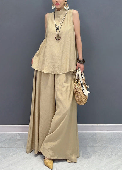 Loose Camel Tops And Wide Leg Pants Cotton Two Pieces Set Sleeveless AO1061