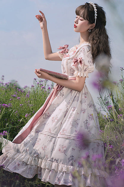 Sweet Lolita OP Gown with Flower Print, Round Collar & High Waist