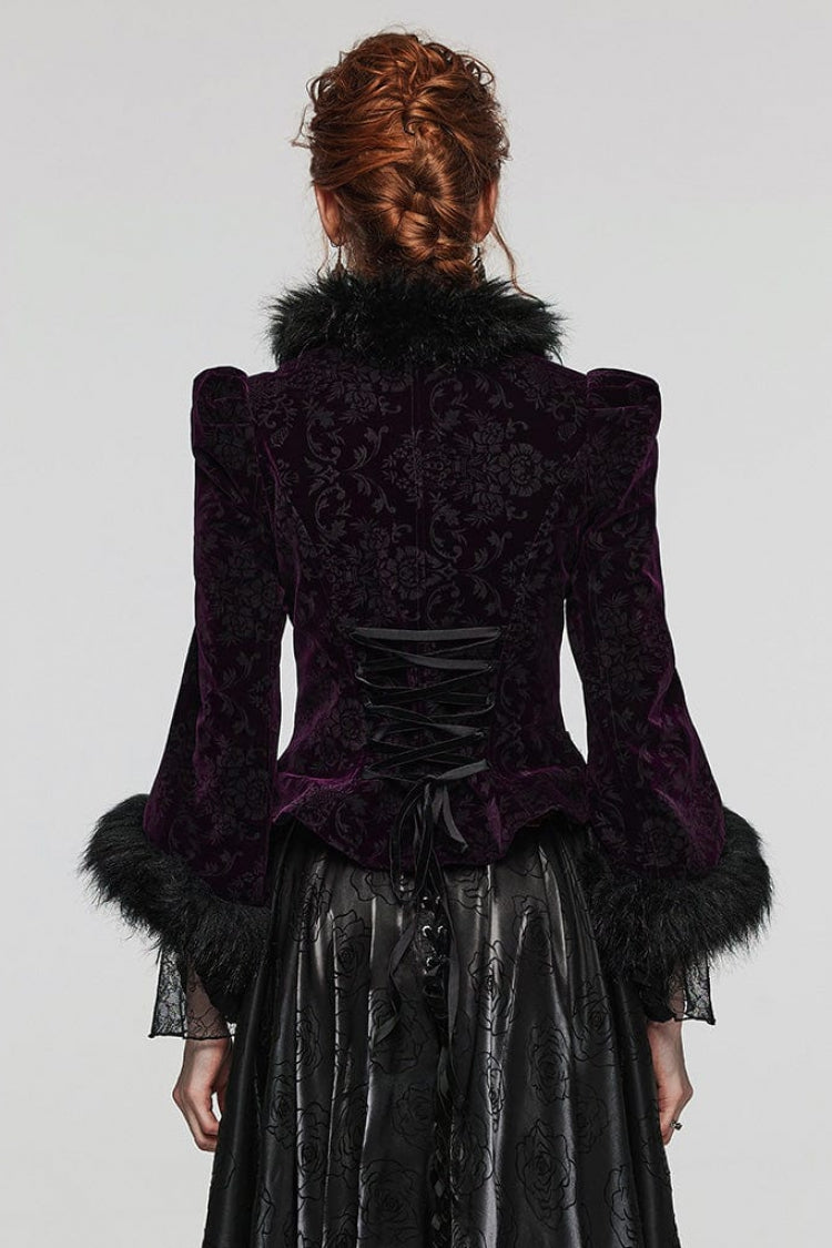 Women's V-Neck Long Sleeve Faux Fur Stitch Gothic Coat Four Shades