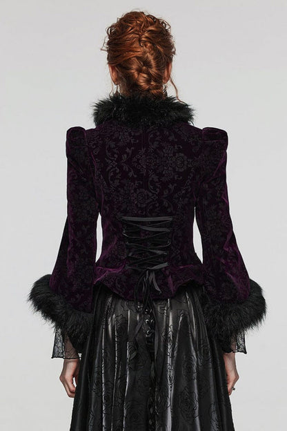Women's V-Neck Long Sleeve Faux Fur Stitch Gothic Coat Four Shades