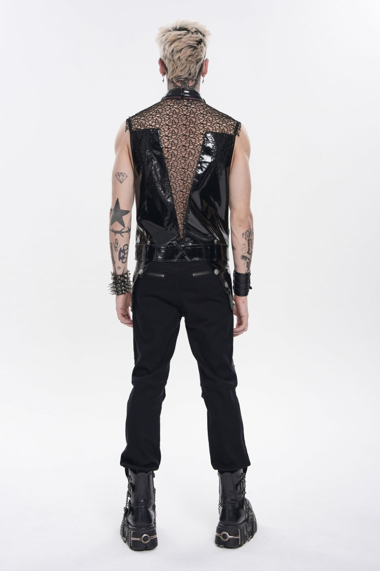 Men's Black Punk Vest, Spliced Mesh with Studs, Zippers and Eyelets