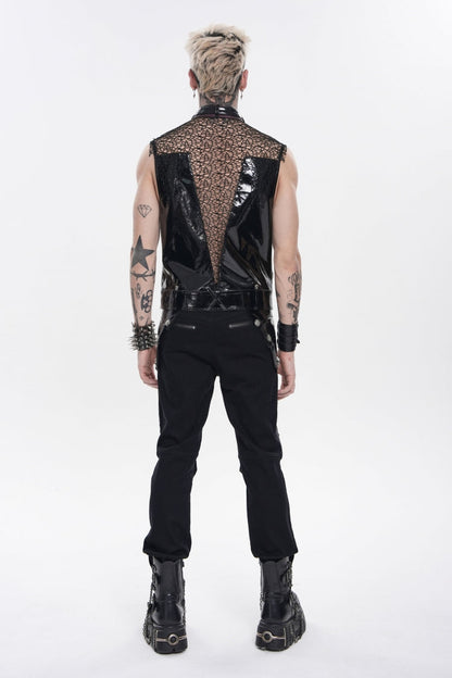 Men's Black Punk Vest, Spliced Mesh with Studs, Zippers and Eyelets