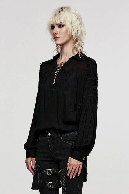 Women's Turn-Down Collar Long Sleeve Lace Ruched Gothic Blouse Two Tones