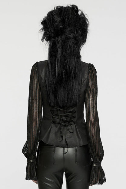 Black Mesh Punk Blouse, High Collar with Stitching for Women