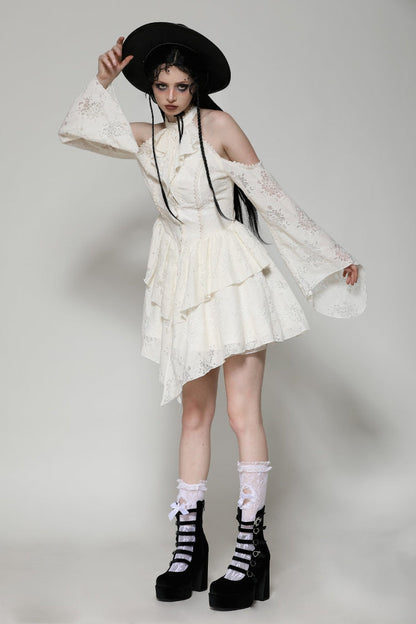 Steampunk Women's Dress with Halter Off-Shoulder Lapel Collar & Flare Sleeves, Cream
