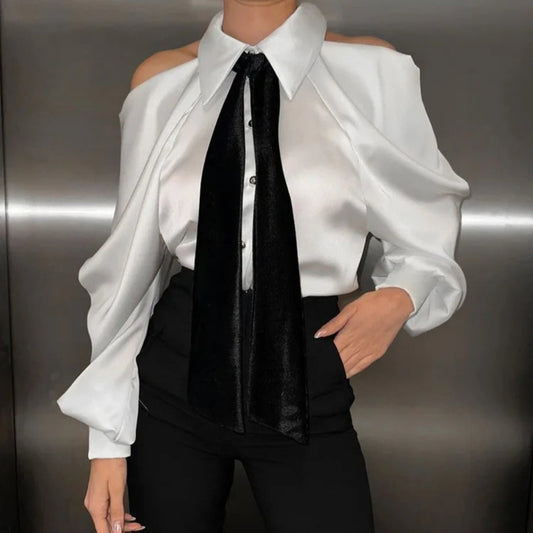 Satin Off Tie Top Sleeve Party Long Shoulder Lapel White with