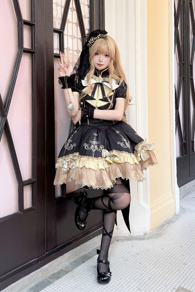 Ebony Short-Sleeve Double-Layered Embroidered Bow Gothic Dress - Gilded Oath