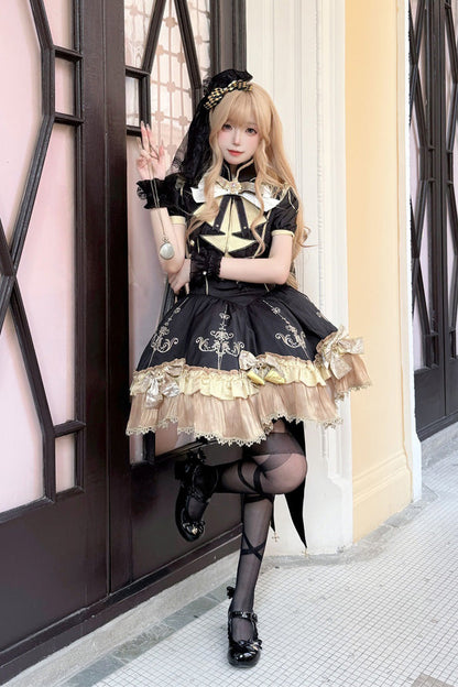 Ebony Short-Sleeve Double-Layered Embroidered Bow Gothic Dress - Gilded Oath