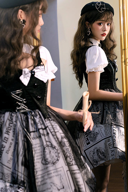 Classic Lolita Dress with Vintage Print, Irregular Hem and Faux Two-Piece Look