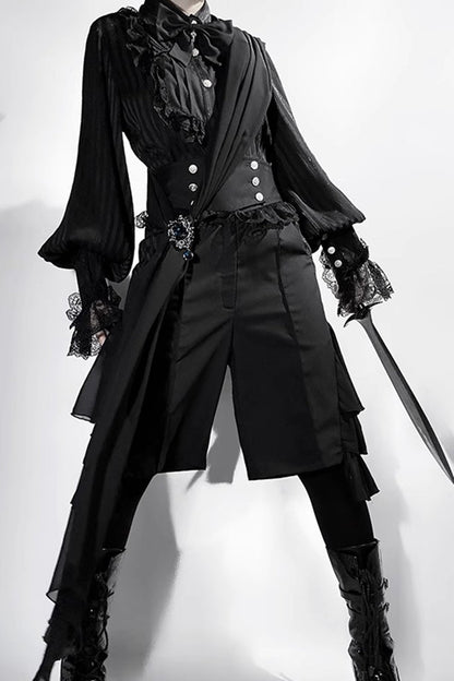 Medieval Ouji Lolita Blouse and Knee-Length Shorts Set in Black
