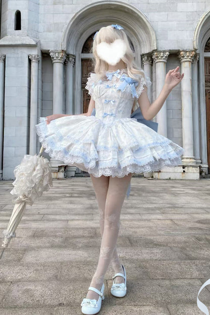 First Love Rose Print Ruffle Bow Lace Sweet Lolita JSK Set
