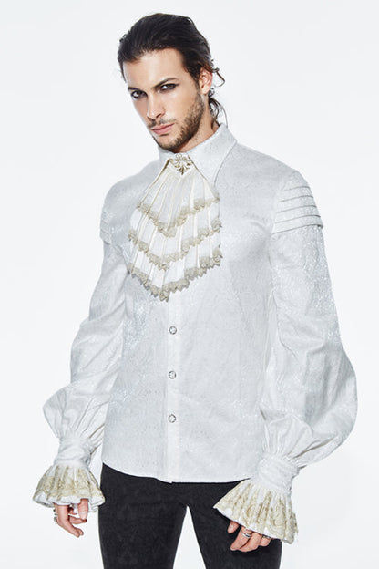 Gothic Men's Blouse with Embroidered Ruffled Sleeves & Jacquard Detail, Cream