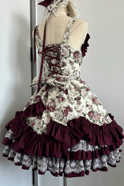 Off Shoulder Ruffled Bow Lace Gothic Lolita JSK Dress with Rose Print
