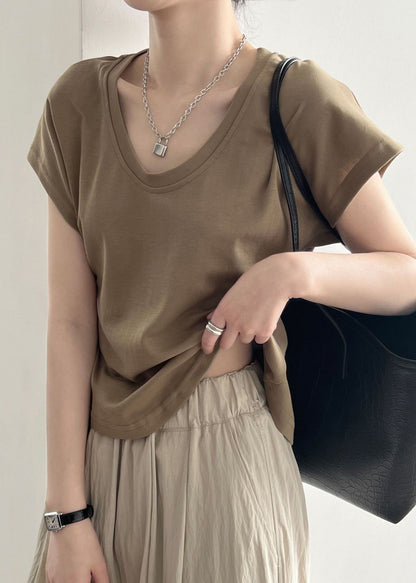 Summer Solid Simple Coffee T Neck O Shirt Cotton