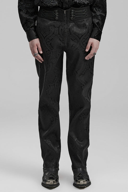 Men's Gothic Pants with Floral Print Decal and Decoration in Black Jacquard