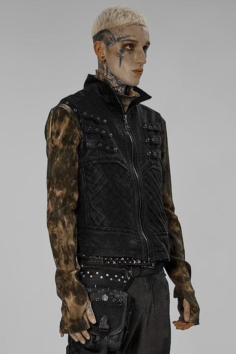 Apocalyptic Skull-Zip Twill Vest with Stand Collar