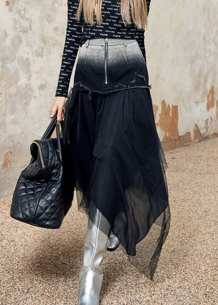 Stylish Black Asymmetrical Tulle Patchwork Denim Skirt Spring TT1008