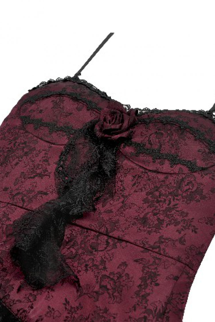 Crimson & Charcoal Rose Layered Tulle Ruffled Goth Evening Gown