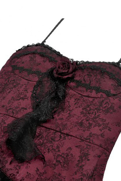 Crimson & Charcoal Rose Layered Tulle Ruffled Goth Evening Gown