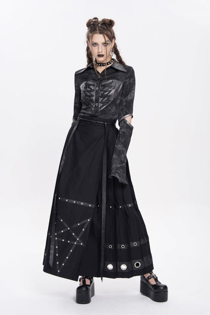 Women's Punk Skirt with Eyelets, Rivets and Pentacle Horse-Face Motif