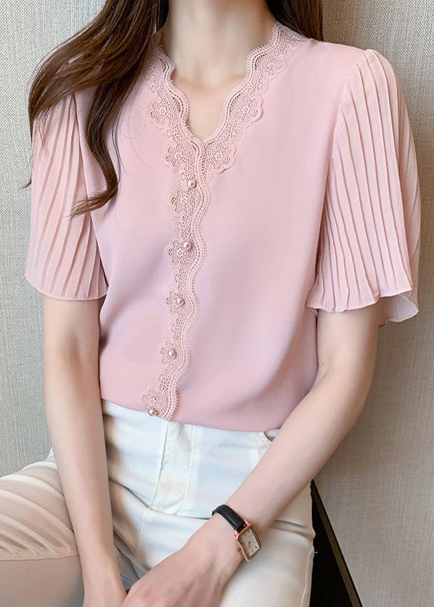 Patchwork Summer Chiffon Italian Nail Bead Shirt Top Lace Pink