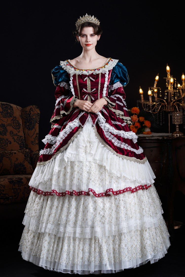 Victorian Palace Dress with Hime Sleeves, Triple Ruffles, and Bow Front in Wine/Ivory - RegalVintage