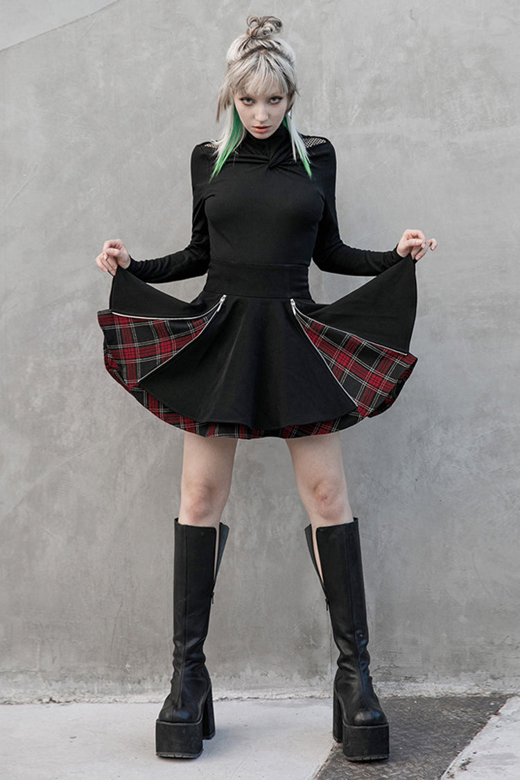 Crimson & Obsidian Splice Plaid Metal Zipper Decoration Pleated Punk Skirt