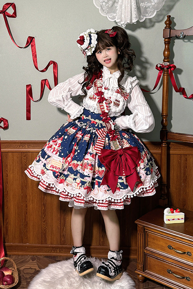 Natural Waisted Ruffle Bowknot Sweet Lolita JSK Dress with Strawberry Dessert Print - 4 Colors