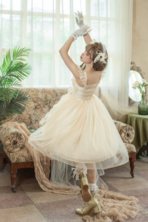 Sweet Lolita JSK Gown with Ruffled Straps, Bow & Sleeveless Design